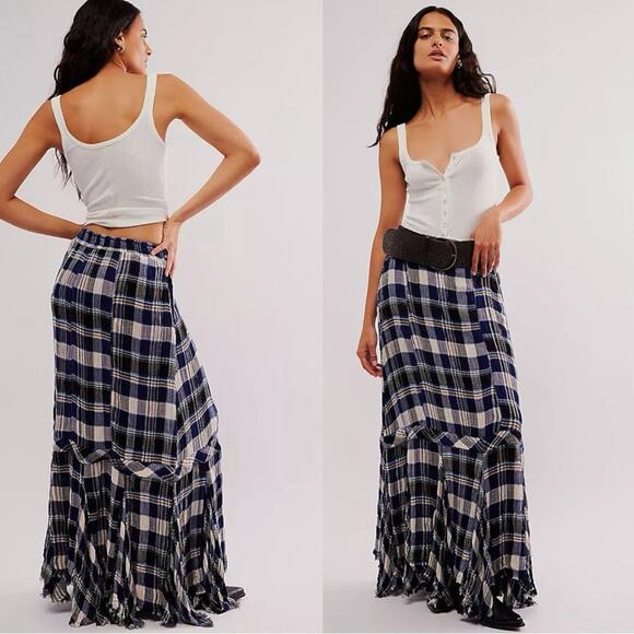 Free People FP One Bordeaux Plaid Maxi Skirt Size Large Bohemian Grunge Punk - Picture 4 of 16